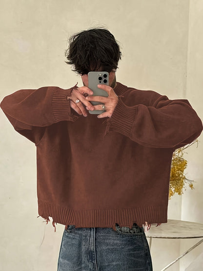 Unisex Distressed Pullover mit Rundhals Ausschnitt und Rippbündchen