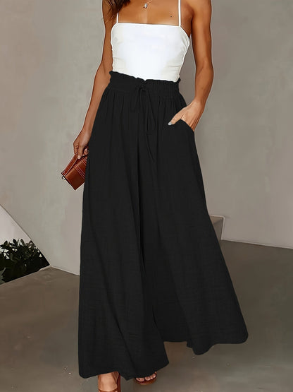 Damen Elegante Weite High-Waist Palazzo Hose mit Kordelzug und Taschen – Perfekt für Freizeit und Büro