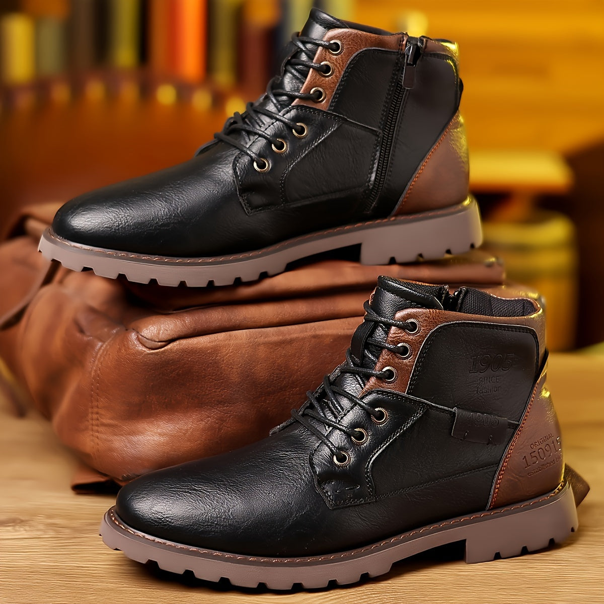 Herren Stiefel Braun Schnürsenkel Reißverschluss Profilsohle