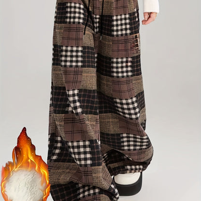 Damen Weite Hose Patchwork Kariert Braun Schwarz Winter