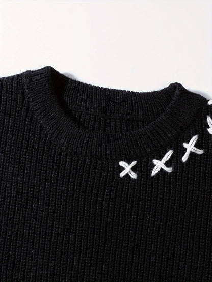 Unisex Strickpullover mit Kreuzstich-Details und Used-Look, Rundhals