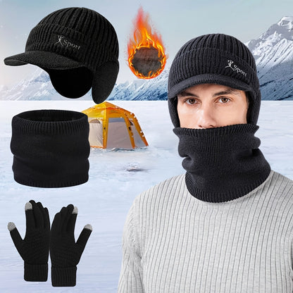 Winter Mütze Schal Handschuhe Set, Strickmütze mit Ohrenklappen, Nackenwärmer & Touchscreen-Handschuhe