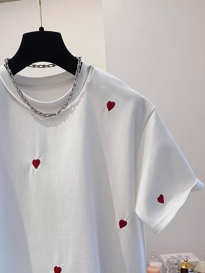 Damen Trendiges T-Shirt mit gestickten Herzen – Streetstyle Casual Kurzarm