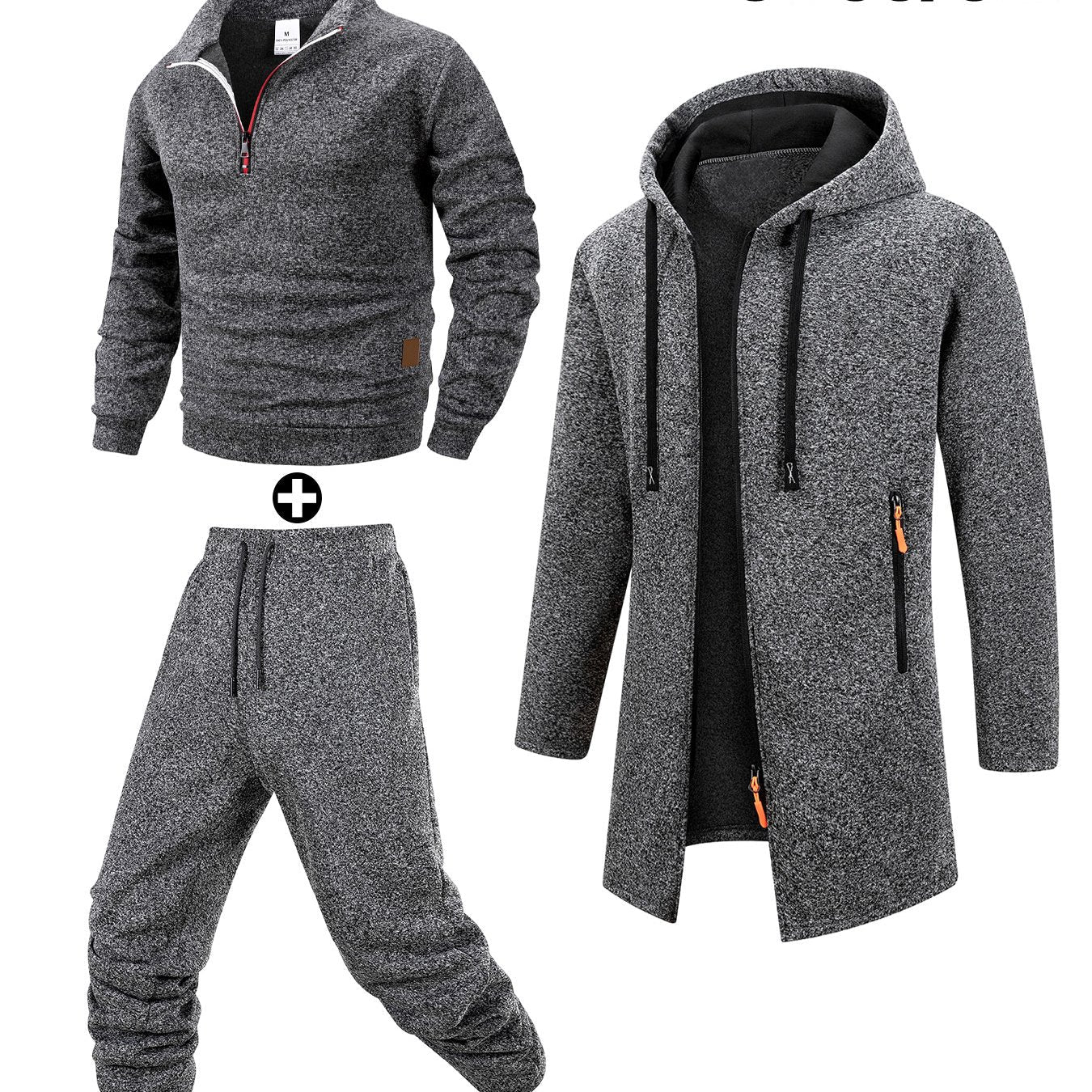Herren 3-teiliges Sport Freizeit Set meliert: Pullover, Jogginghose & langer Cardigan mit Kapuze
