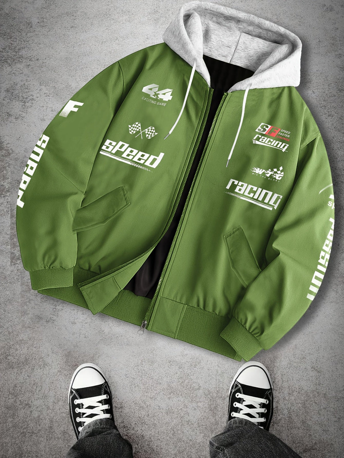 Unisex Racing Bomberjacke mit Kapuze und Reißverschluss, Grau