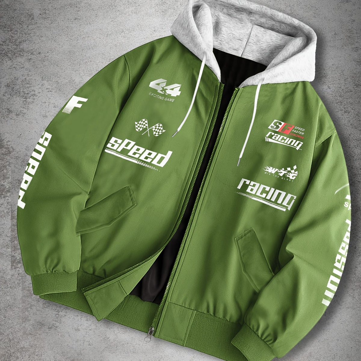 Unisex Racing Bomberjacke mit Kapuze und Reißverschluss, Grau