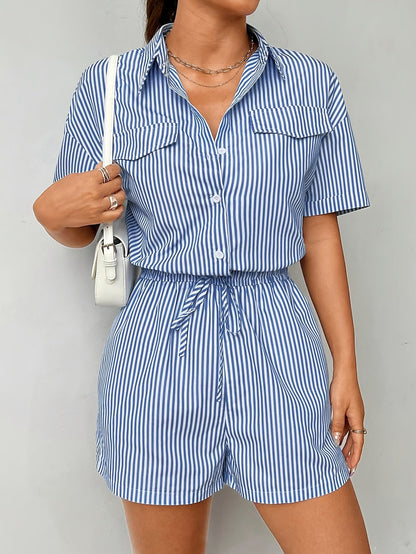 Damen Streifen Overall mit Hemdkragen und Kordelzug – Eleganter Einteiler für Alltag und Freizeit