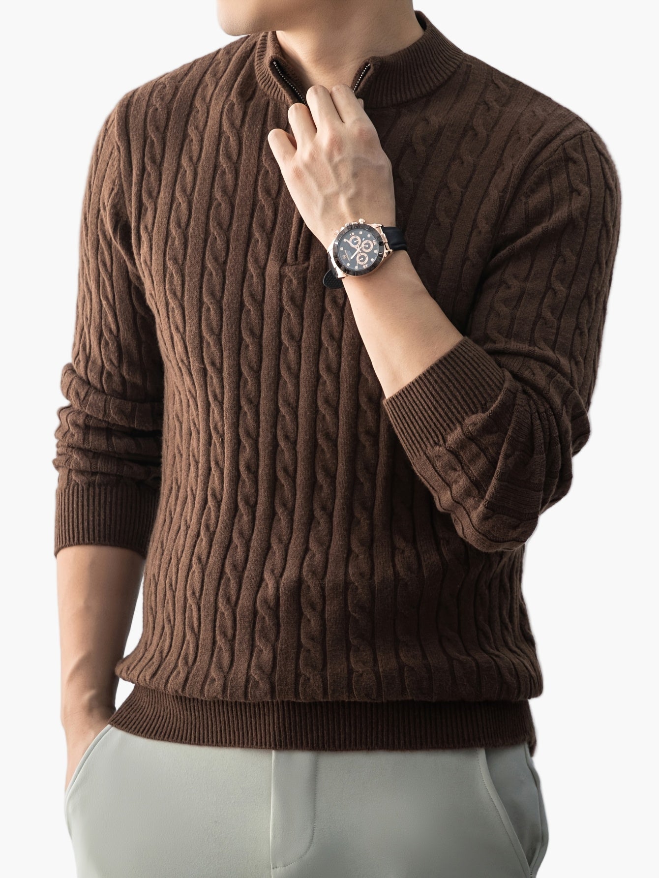 Herren Strickpullover mit Zopfmuster und Stehkragen – Eleganter Casual Look für Herbst und Winter