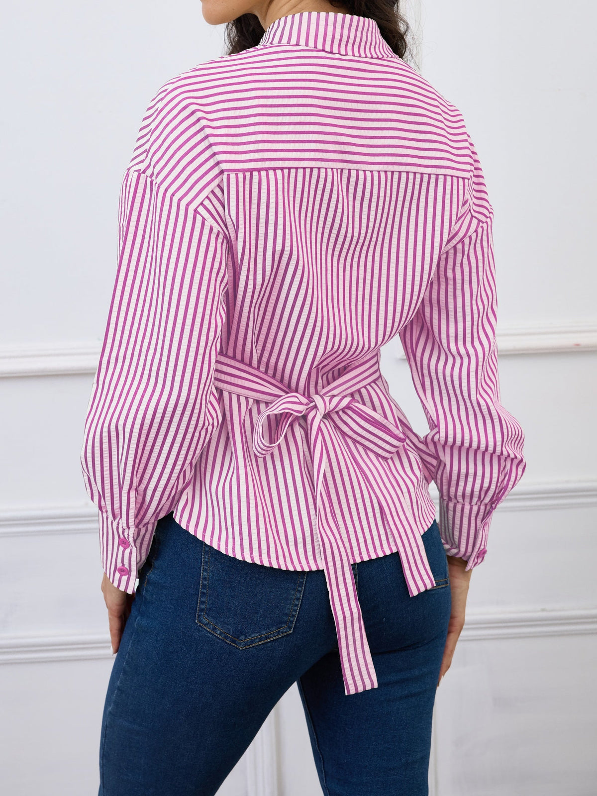 Damen Streifen Bluse mit Bindedetail hinten Langarm