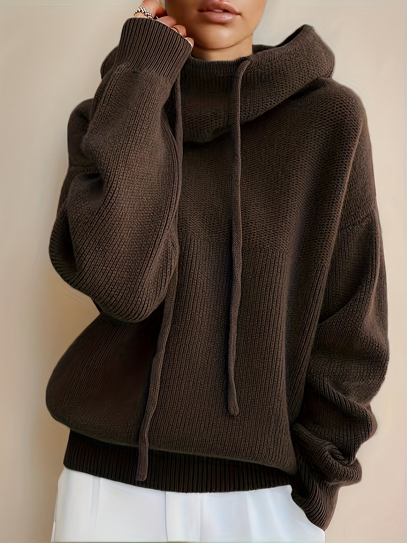 Damen Strick Hoodie Pullover Oversize mit Kapuze und Kordelzug
