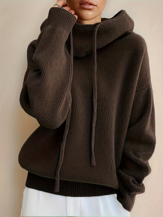 Damen Strick Hoodie Pullover Oversize mit Kapuze und Kordelzug
