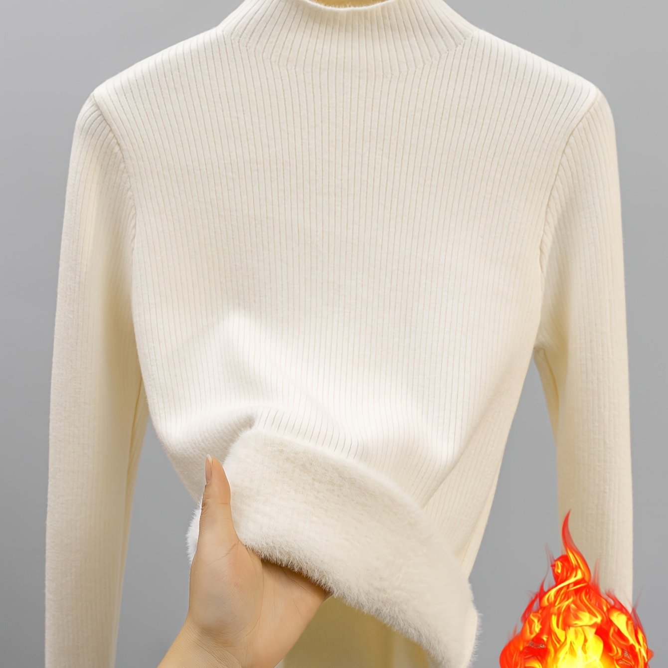 Damen Rippstrick Pullover Stehkragen mit flauschigem Innenfutter Beige