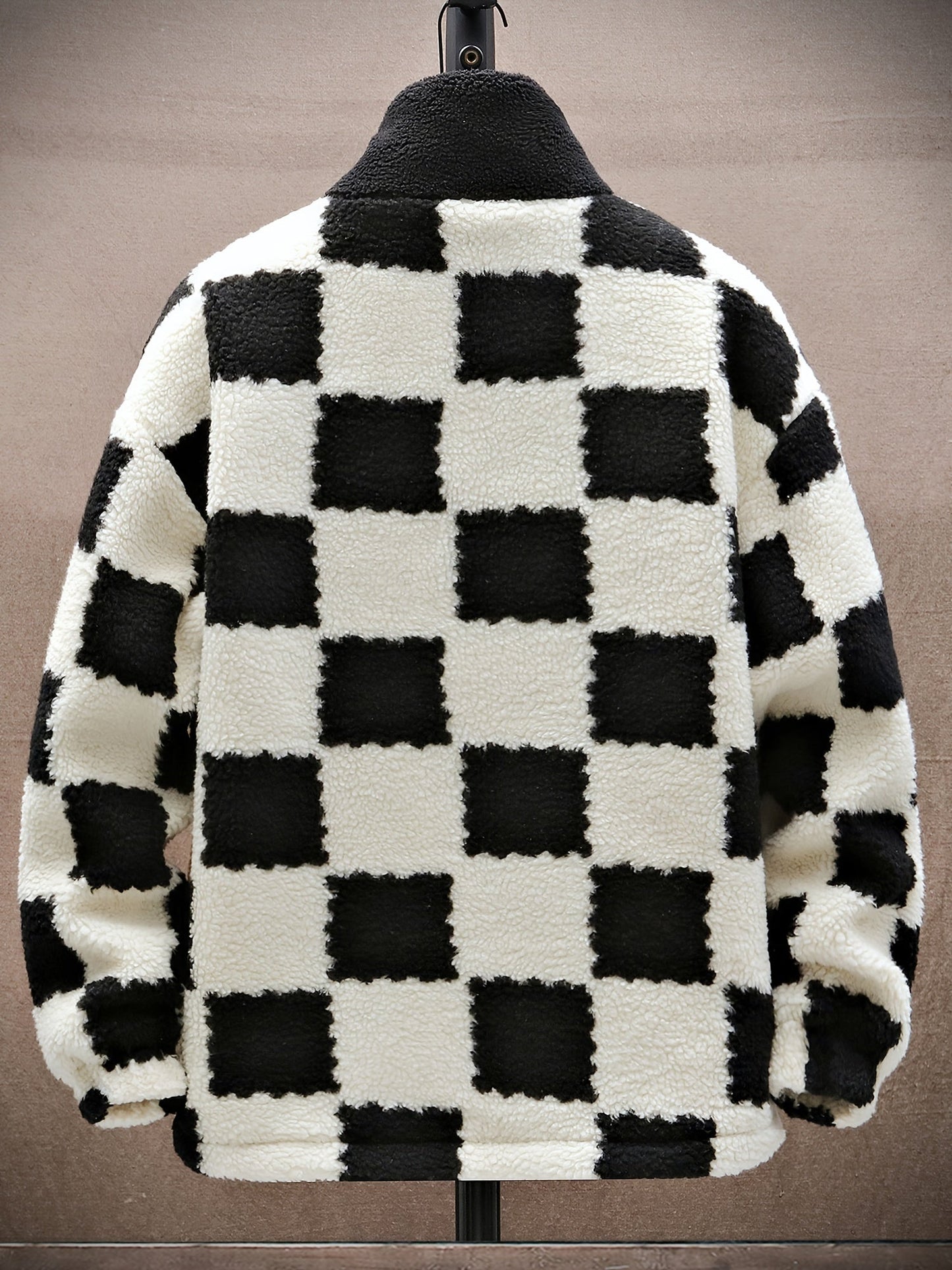 Unisex Teddyfleece Jacke mit Stehkragen und Schachbrettmuster