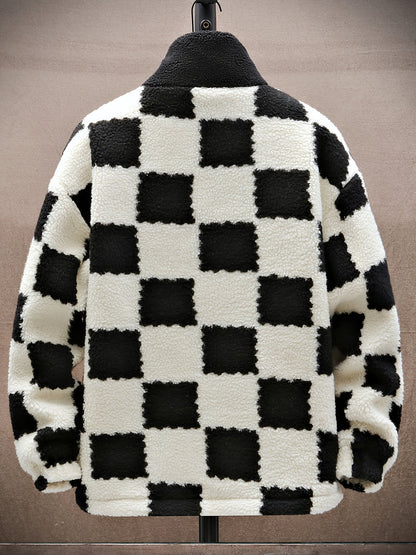 Unisex Teddyfleece Jacke mit Stehkragen und Schachbrettmuster