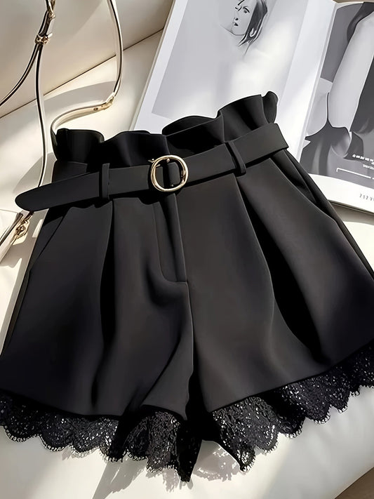 Damen Paperbag-Taille Shorts mit Gürtel und Spitzenbesatz – Elegante High-Waist-Shorts für Alltag und Abend