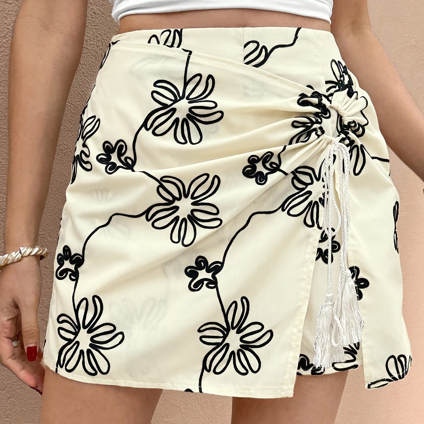 Damen Rock mit Blumenmuster und Raffung – Eleganter Freizeitrock mit Bindeband
