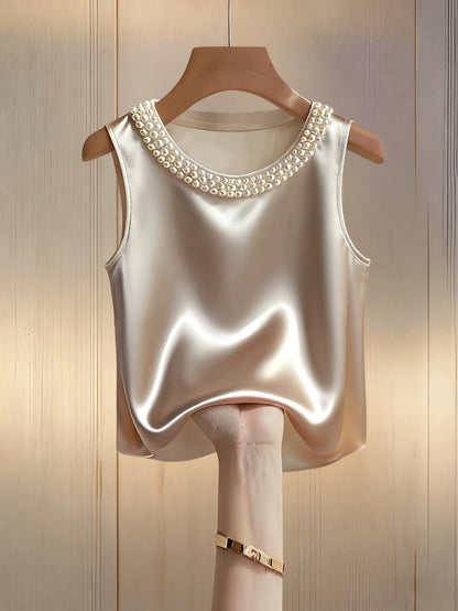 Damen Elegantes Ärmelloses Top mit Perlenverzierung am Ausschnitt – Stilvoll für festliche Anlässe und Abendmode
