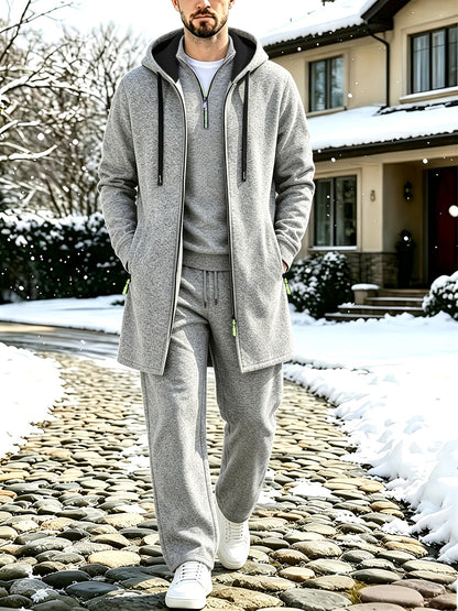 Herren 3-teiliges Sport Freizeit Set meliert: Pullover, Jogginghose & langer Cardigan mit Kapuze