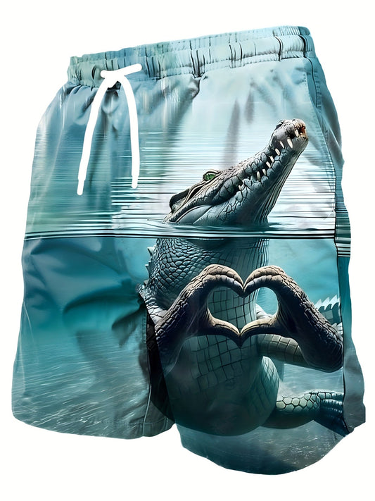 Herren Badeshorts mit Krokodil-Motiv und Herz-Handgeste – Lustige Badehose für Sommer, Strand und Pool