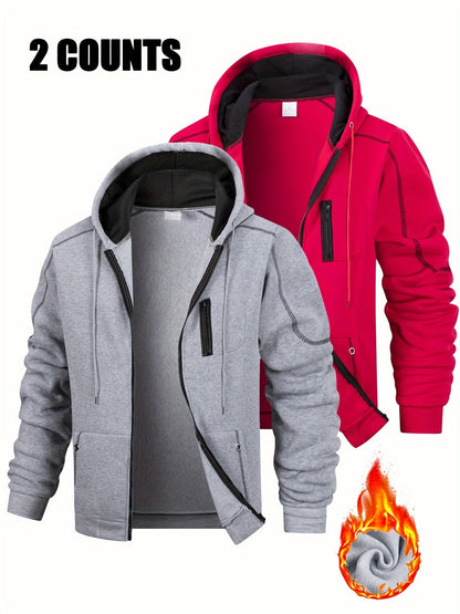 Herren Hoodie mit Reißverschluss 2er-Set, Kontrastnähte & Kapuze, Sport Freizeit