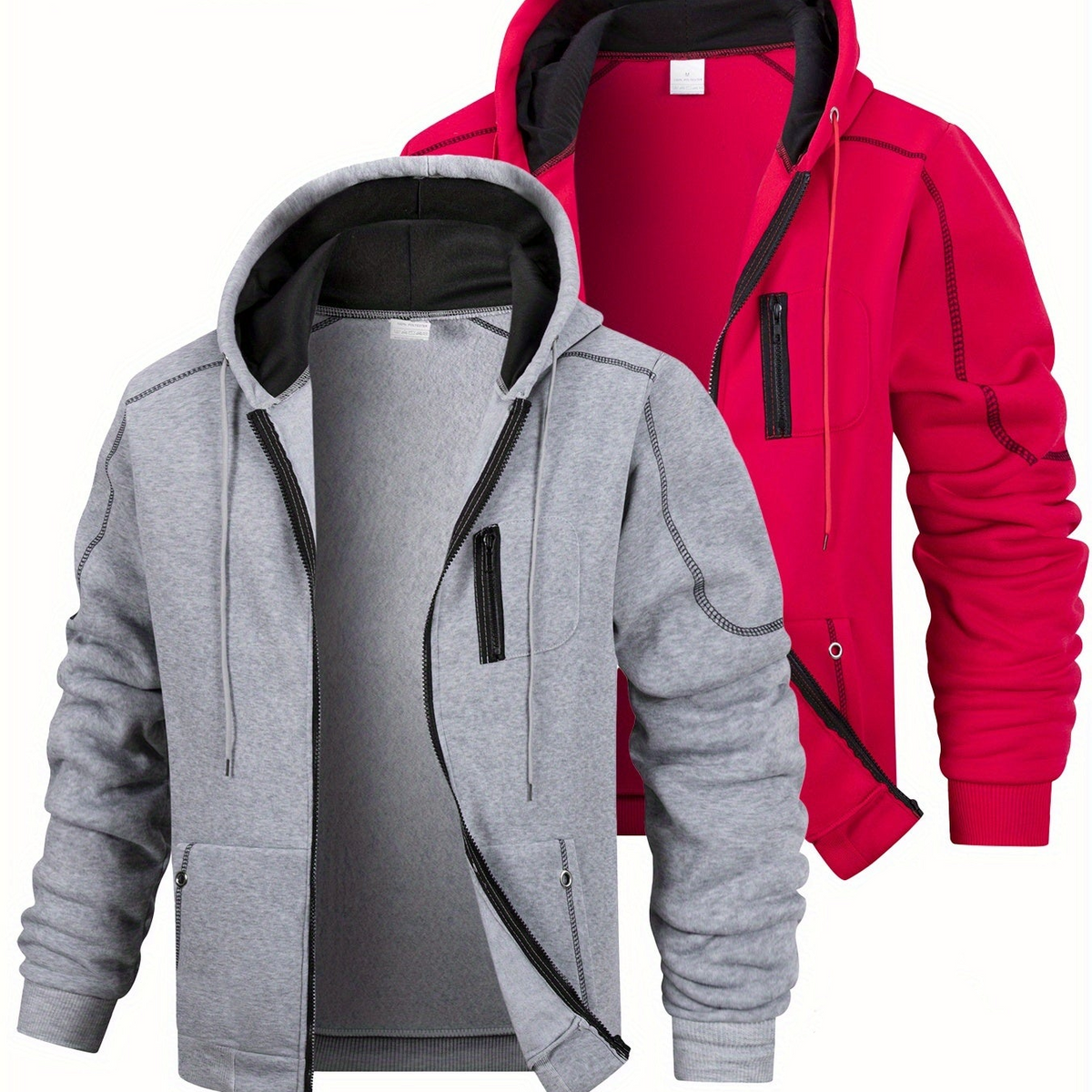 Herren Hoodie mit Reißverschluss 2er-Set, Kontrastnähte & Kapuze, Sport Freizeit