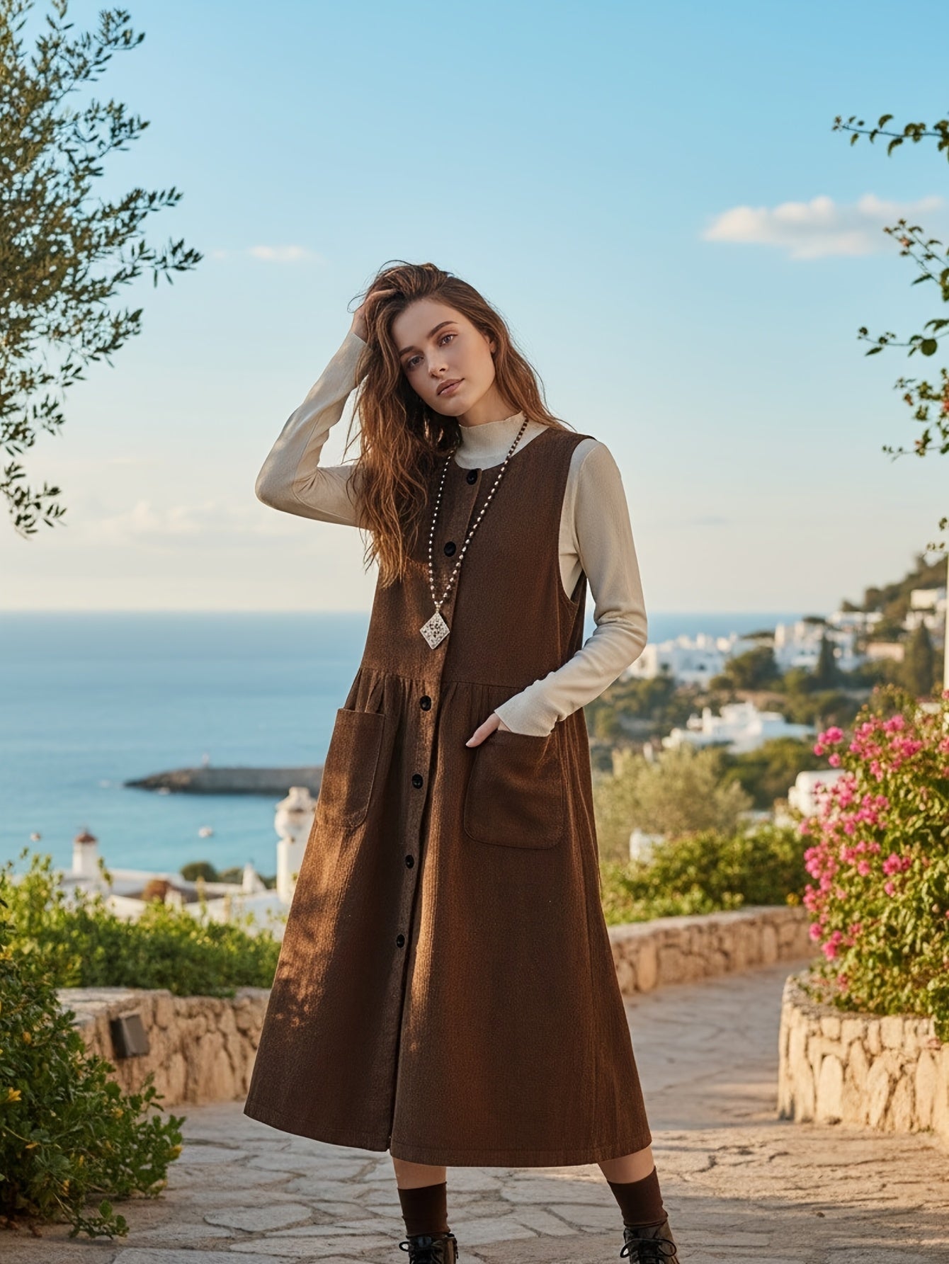 Damen Trägerkleid braun Midi A-Linie mit Knöpfen und Taschen