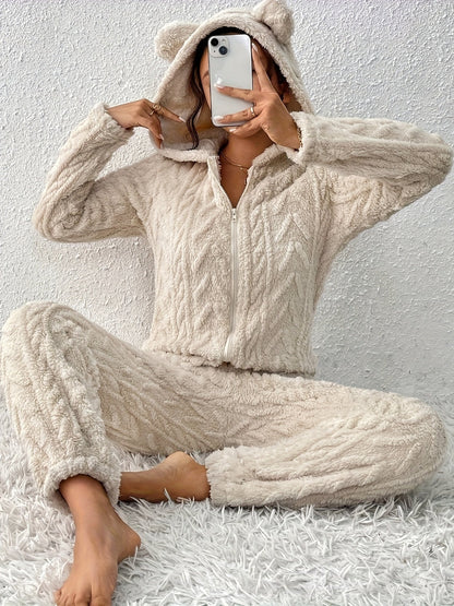 Damen Flauschiger Overall mit Kapuze und Ohren Hellbeige Reißverschluss