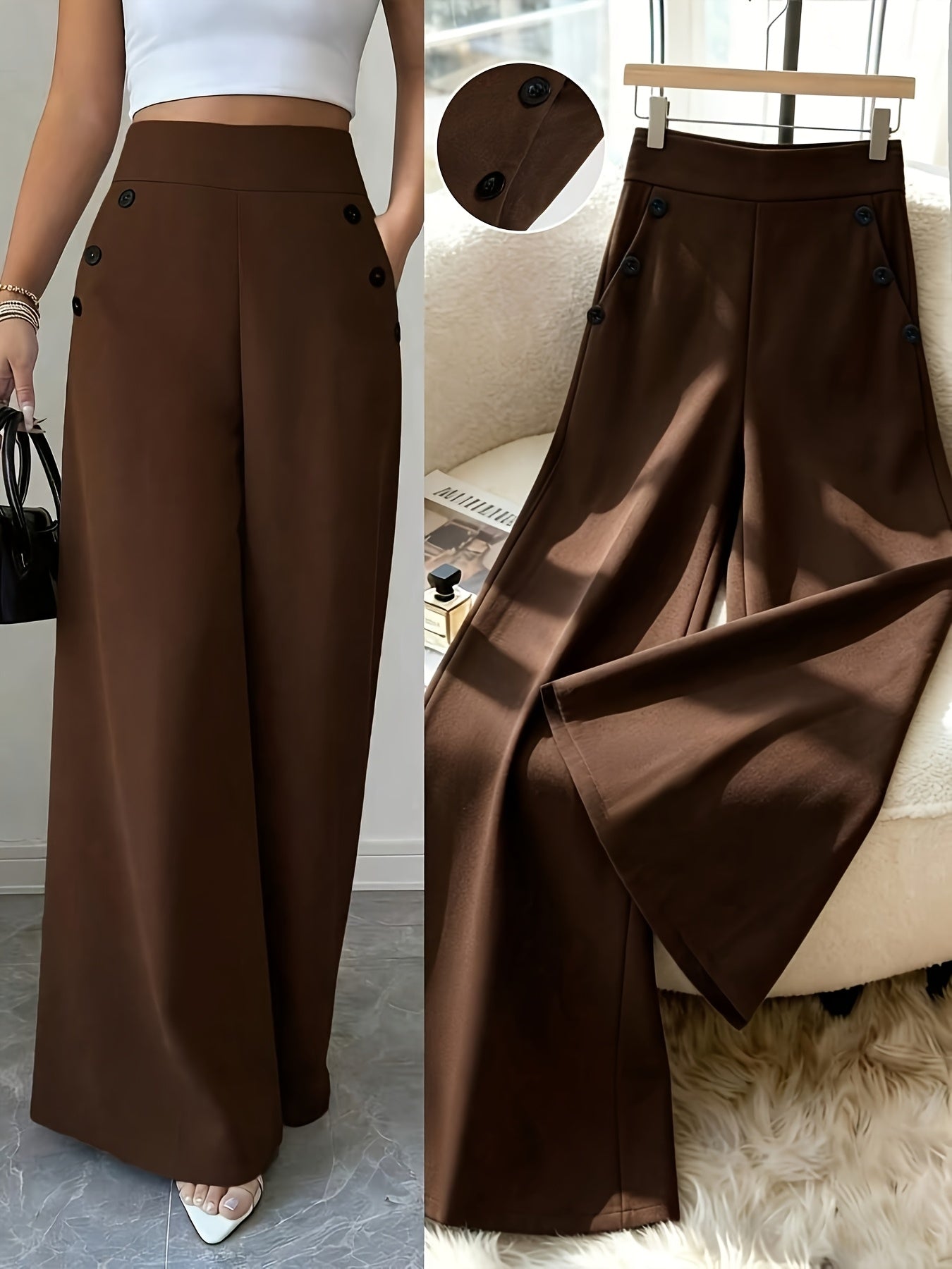 Damen Weitbeinige High-Waist Maritim-Hose mit Streifen und Knopfdetails – Eleganter Büro- und Freizeit-Look