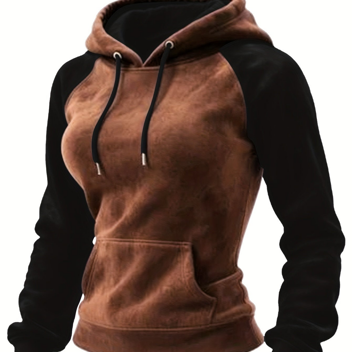 Damen Hoodie Raglan-Ärmel Braun Schwarz Kapuzenpullover mit Kängurutasche