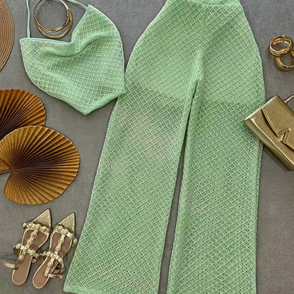 Damen Set Elegantes Häkel-Outfit mit Top und weiter Hose – Stilvolles Strand- & Urlaubsensemble