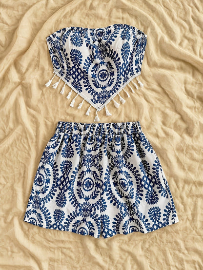 Damen Zweiteiliges Set Bandeau Top und Shorts mit Boho Muster – Perfekt für Strand und Freizeit