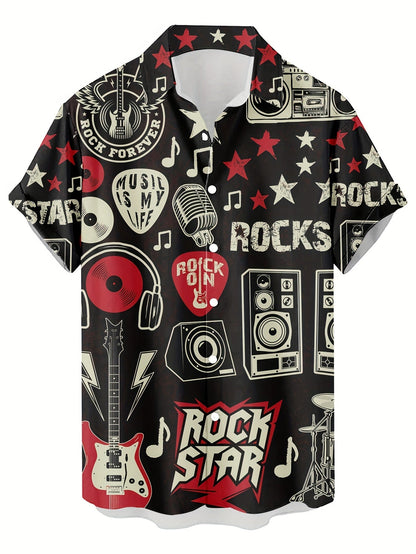Herren Rockmusik Festival Hemd mit Grafikdruck – Rock Star Stil Kurzarm Freizeithemd