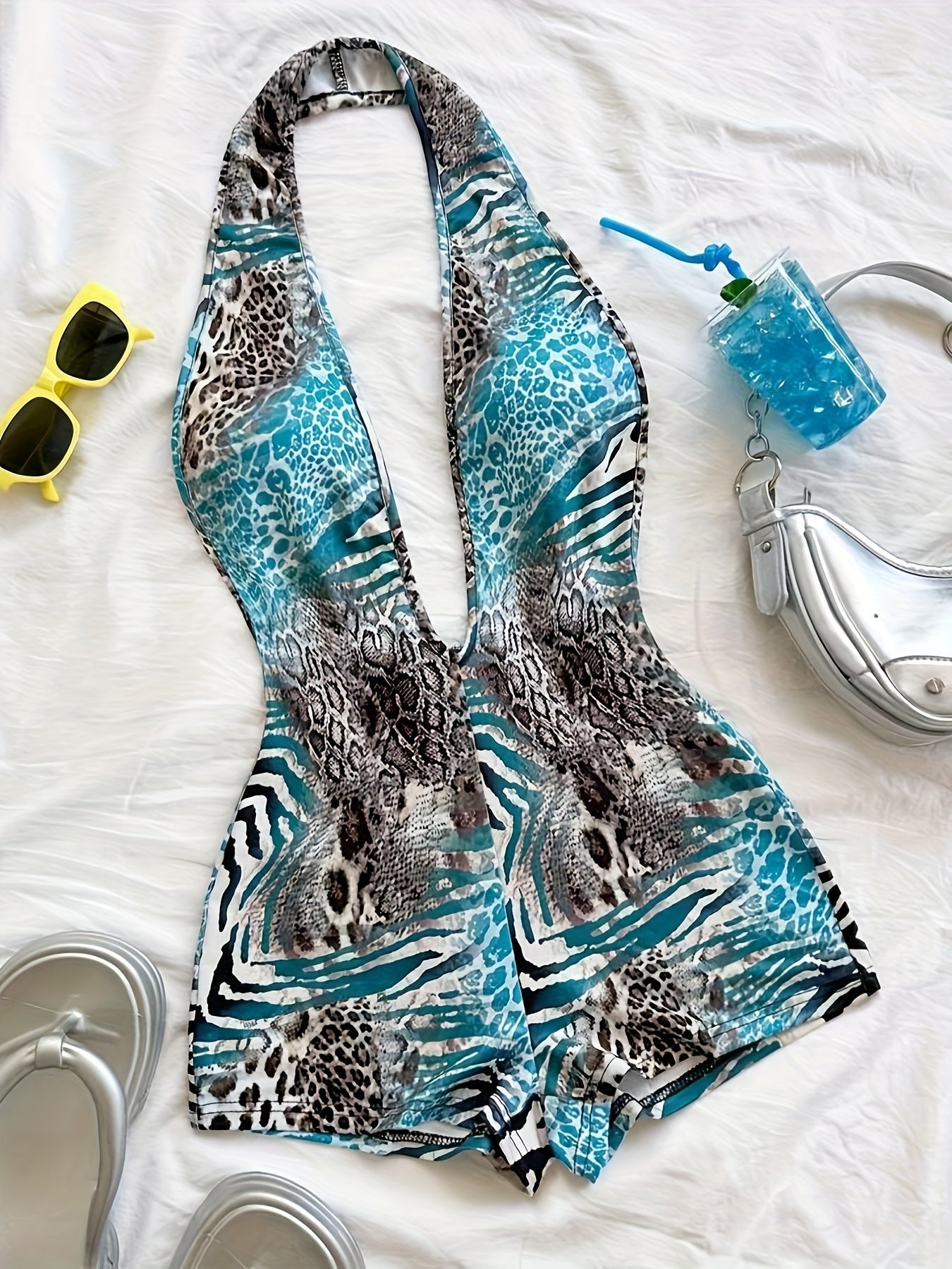 Damen Jumpsuit mit tiefem Ausschnitt und Animal-Print – Modischer Einteiler für Strand, Urlaub & Sommerpartys