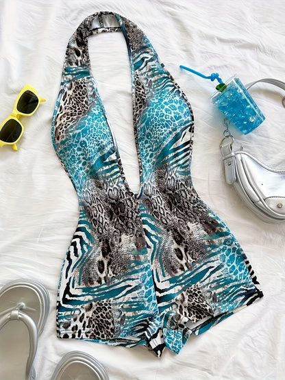 Damen Jumpsuit mit tiefem Ausschnitt und Animal-Print – Modischer Einteiler für Strand, Urlaub & Sommerpartys