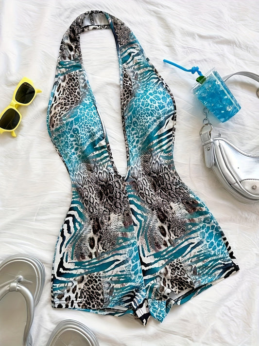 Damen Jumpsuit mit tiefem Ausschnitt und Animal-Print – Modischer Einteiler für Strand, Urlaub & Sommerpartys