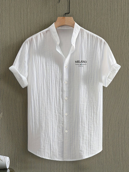 Herren Freizeithemd mit Stehkragen und Milano Print – Sommer Kurzarm, Modernes Design