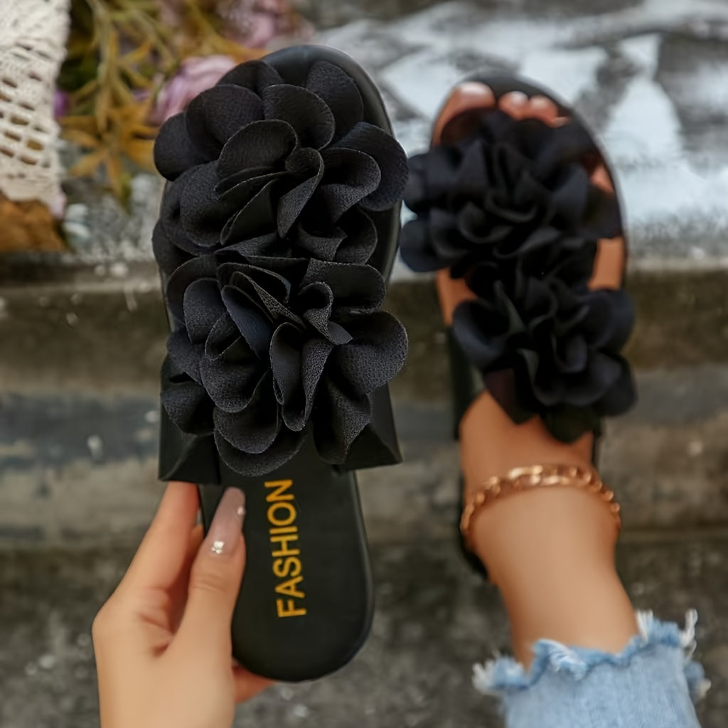 Damen Sandalen mit großer Blumenapplikation – Modische Slide-Slipper für Freizeit und Alltag