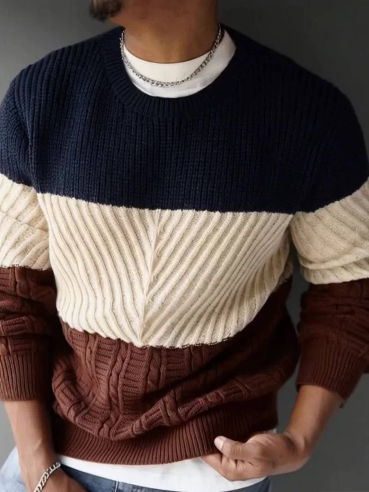 Herren Pullover Farbblock Gerippt Rundhalsausschnitt Langarm