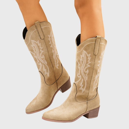 Damen Westernstiefel beige Wildleder-Optik mit Stickerei
