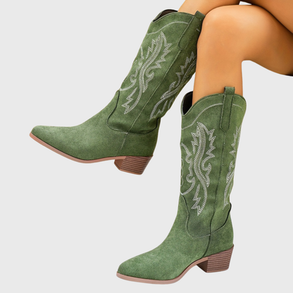Damen Westernstiefel beige Wildleder-Optik mit Stickerei