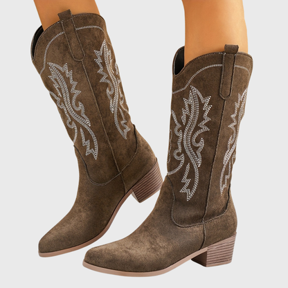 Damen Westernstiefel beige Wildleder-Optik mit Stickerei