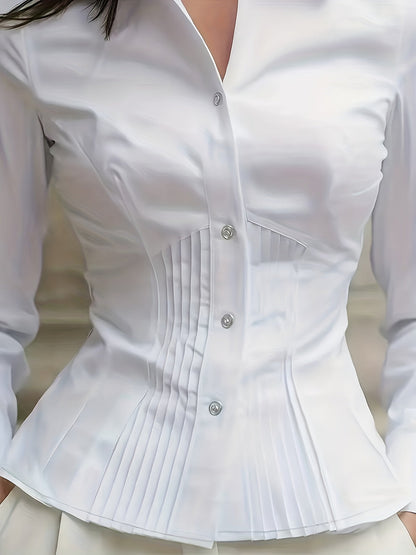Damen Hemdbluse Tailliert mit Falten Knopfleiste Langarm