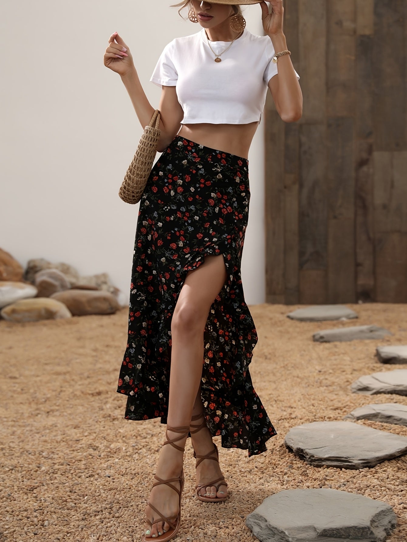 Damen Eleganter Maxirock mit Blumenmuster und Volant, Sommer Freizeitmode