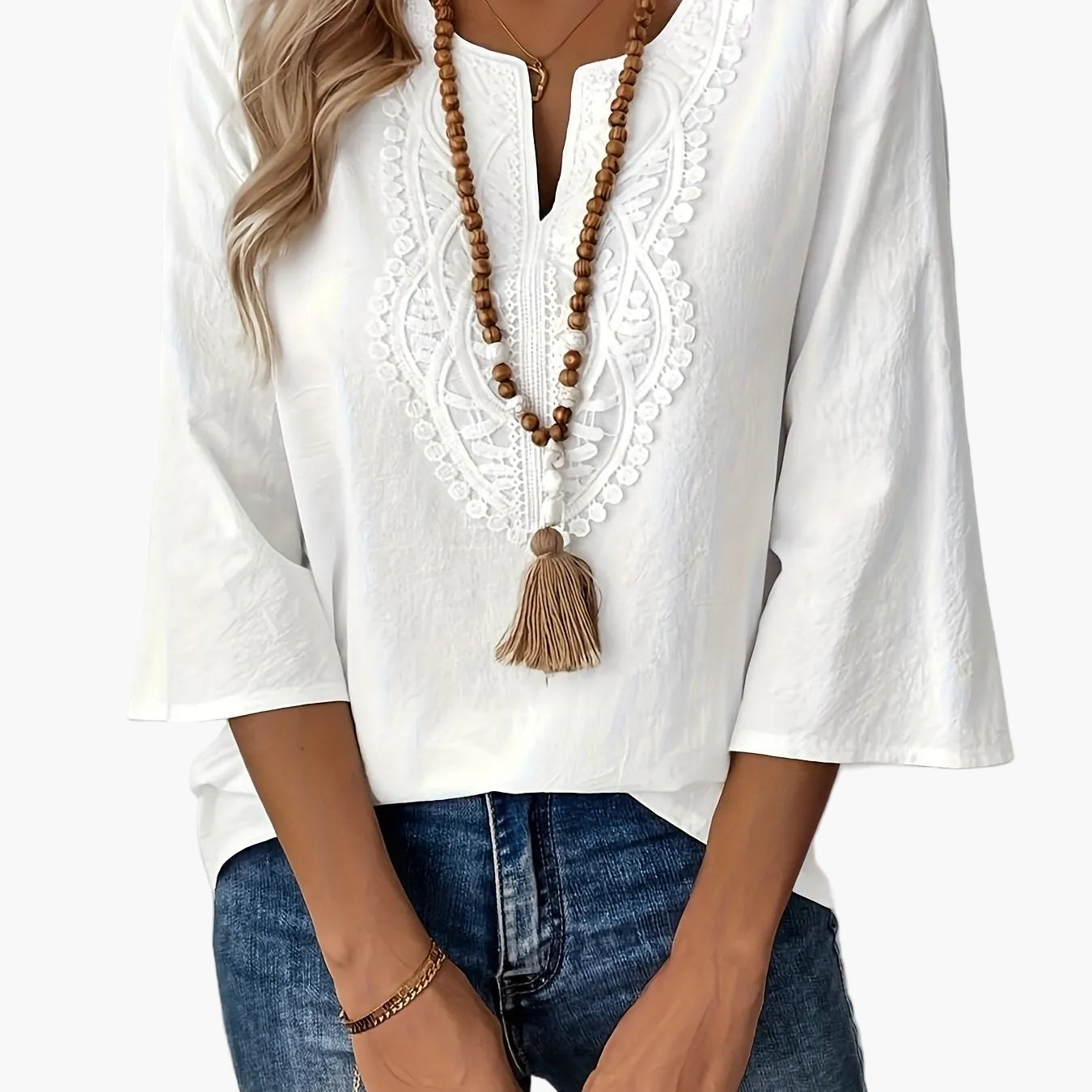 Damen Boho-Bluse mit Spitze und Stickerei – Elegante Freizeitmode für jeden Tag