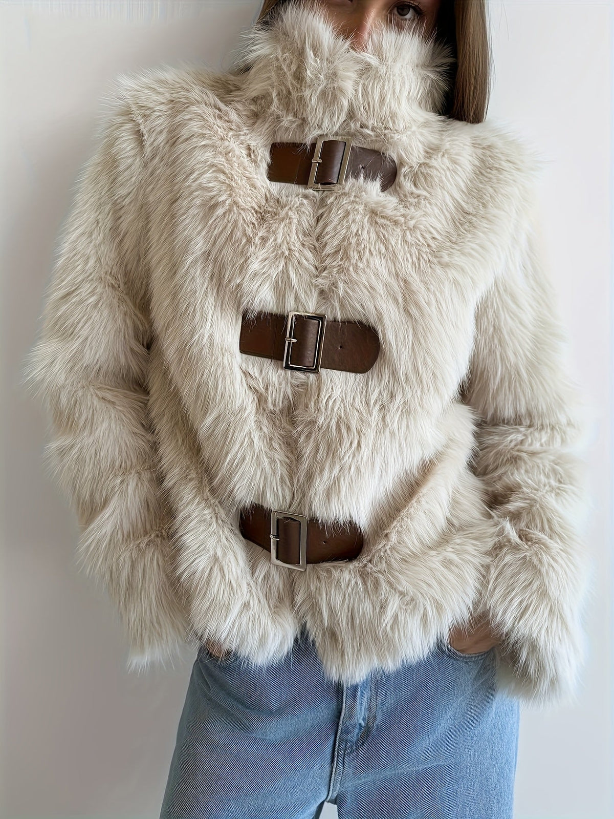 Damen Jacke aus Fellimitat mit Schnallen Elfenbein