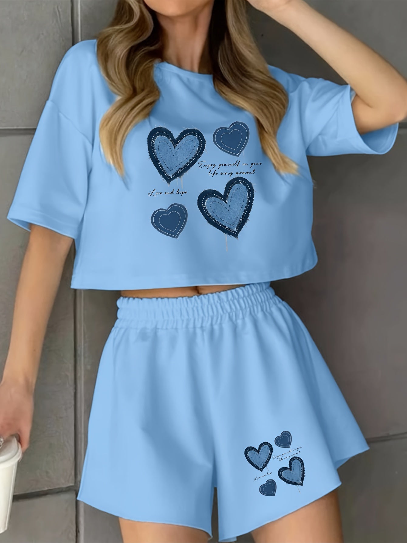 Damen Pyjama-Set mit blauen Herz-Prints – Loungewear im modernen Stil für Zuhause