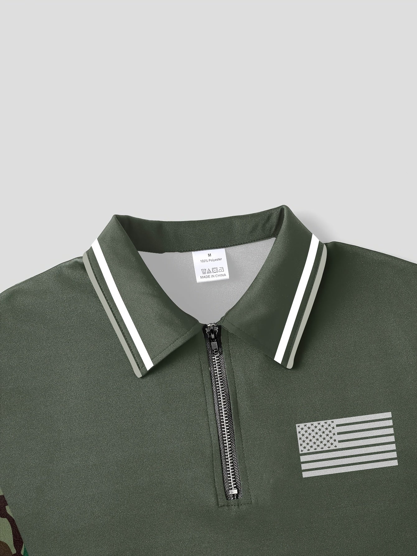 Herren Polo-Shirt mit Tarnmuster und Flaggen-Design, sportlich, Viertelreißverschluss, Outdoor-Stil