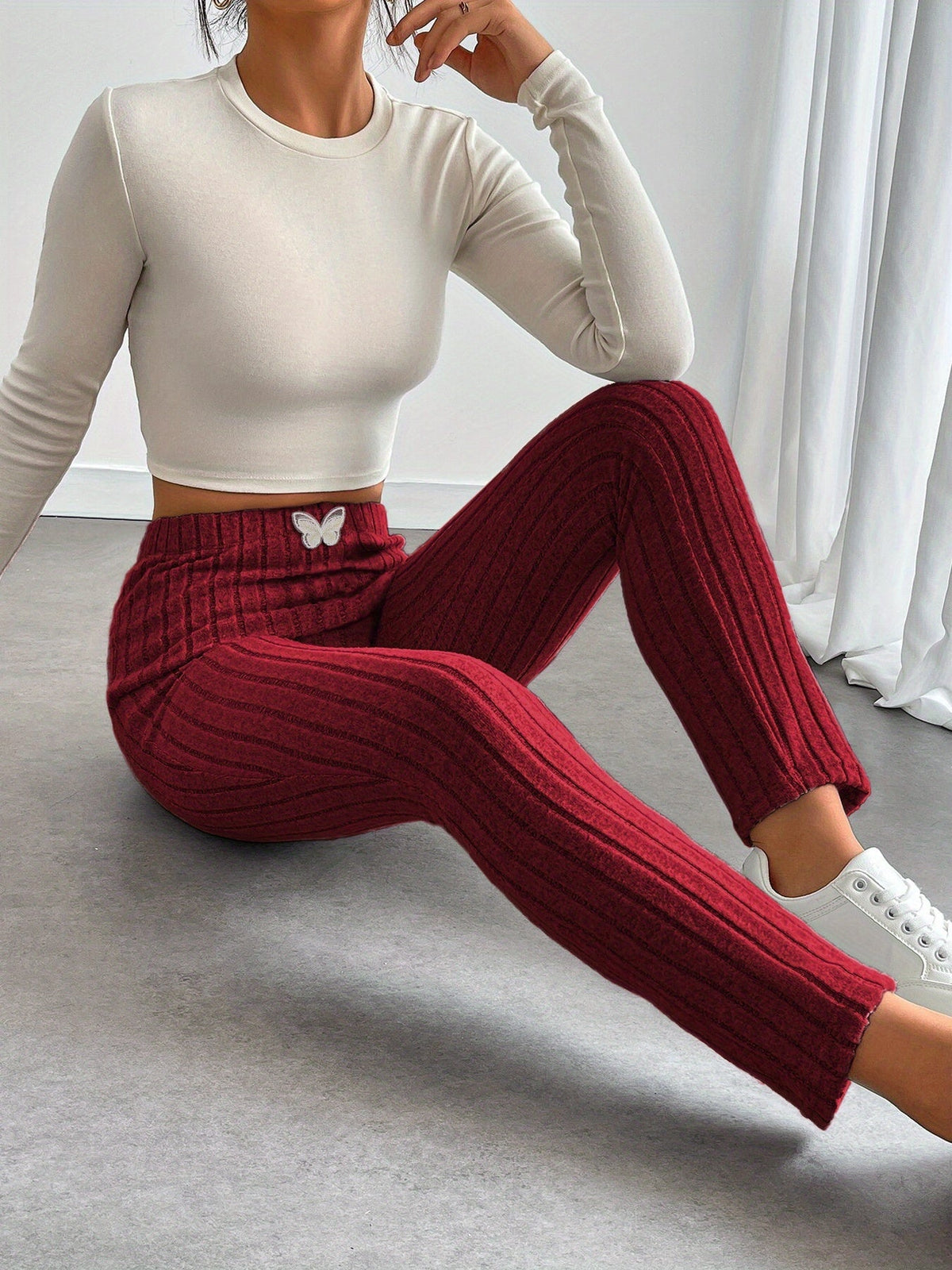 Damen Gerippte Leggings mit Schmetterlingsdetail, Hoher Bund, Weicher Stoff