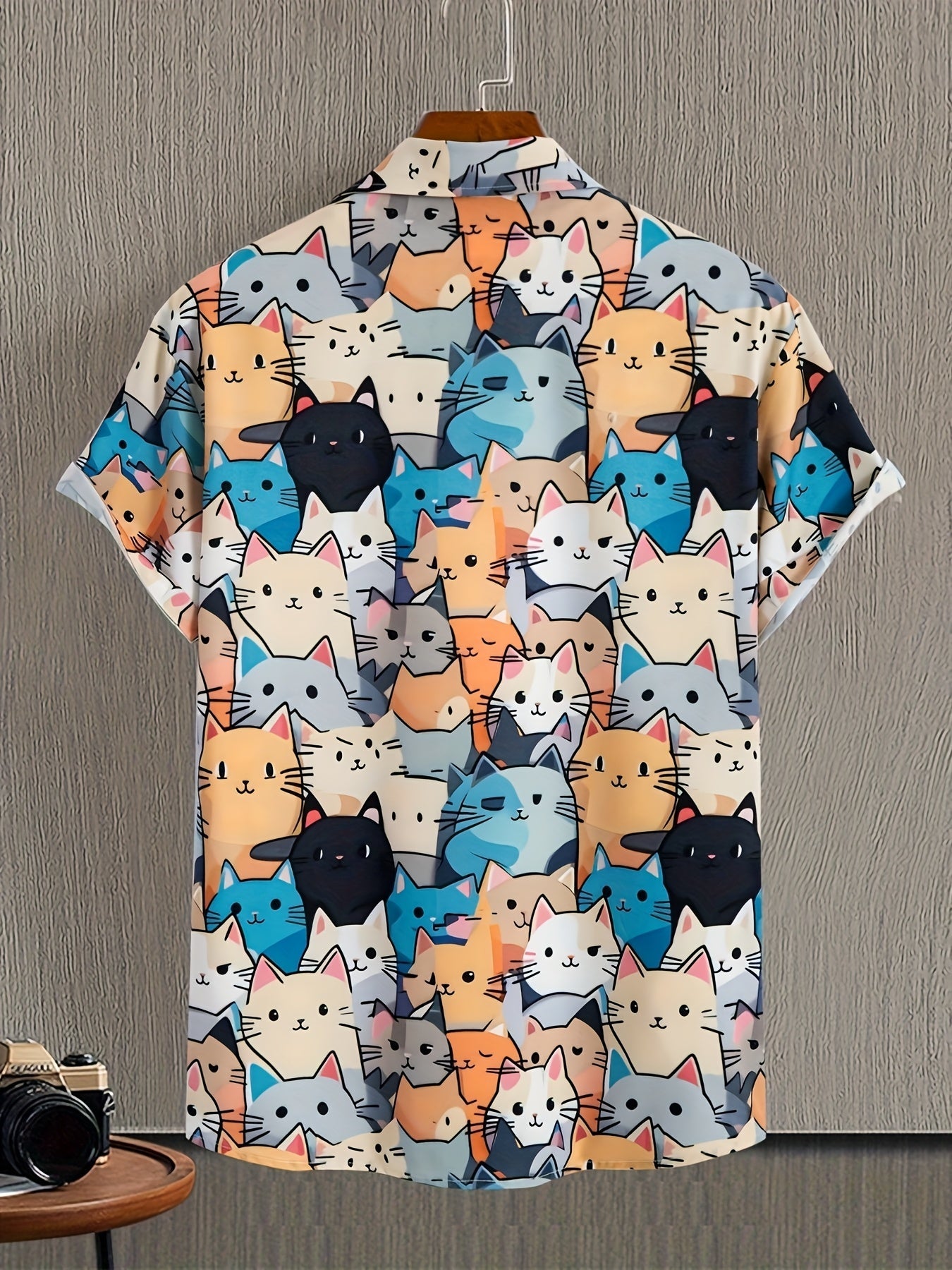 Herren Freizeithemd mit Katzen-Print – Kurzarm, Lustiges Design, Perfekt für Alltag & Party