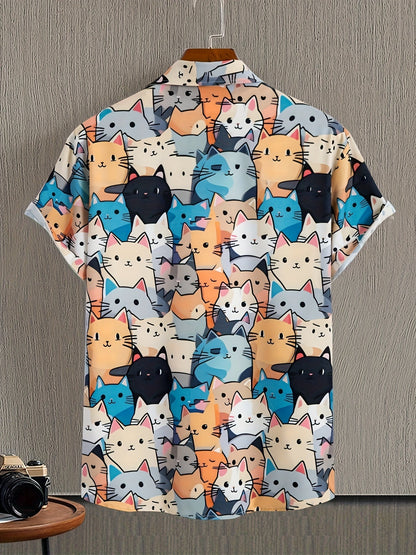 Herren Freizeithemd mit Katzen-Print – Kurzarm, Lustiges Design, Perfekt für Alltag & Party
